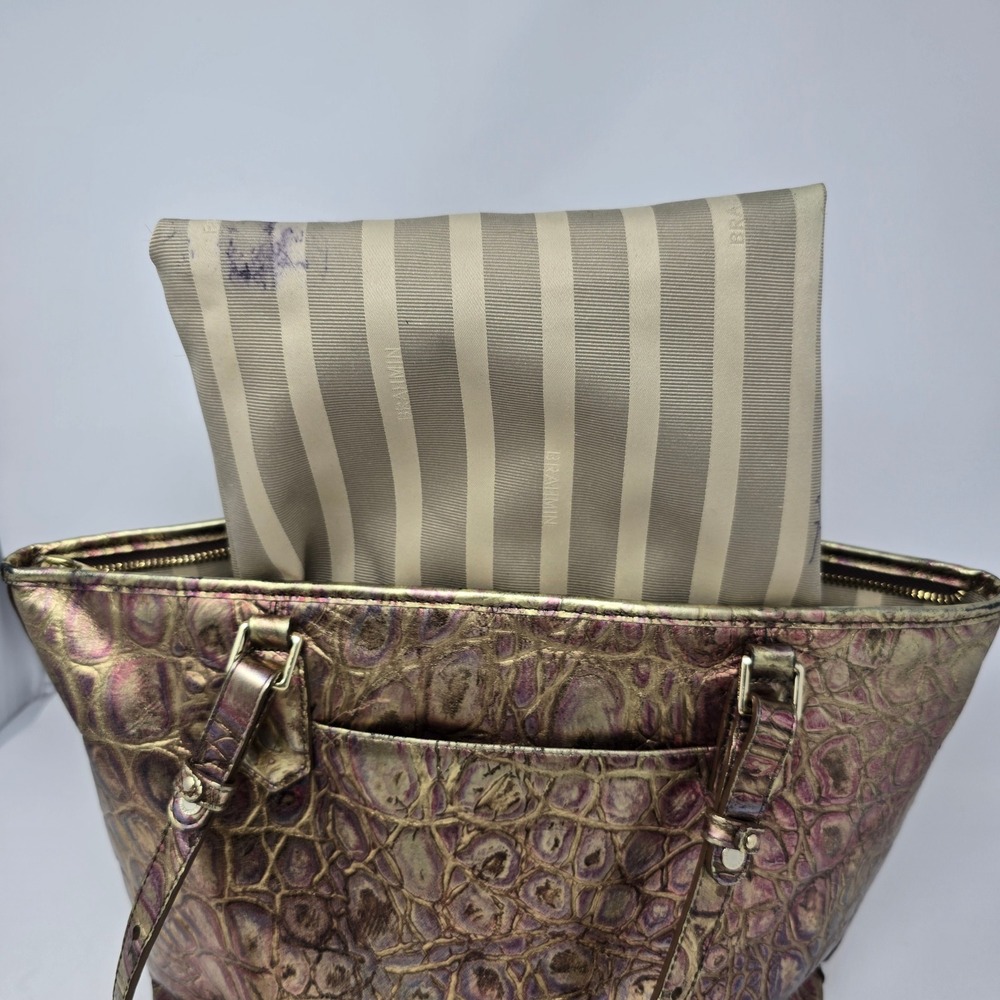 Brahmin Medium Asher Handbag Metallic Gold Purple Croc Tote Bag Purse READ - Picture 10 of 16